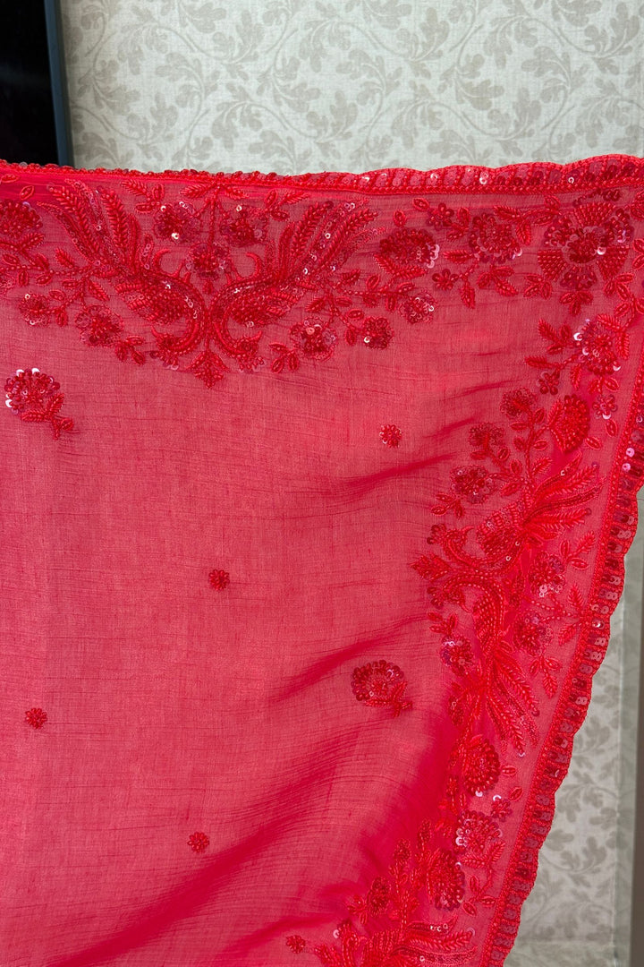 Red Beads, Thread and Sequins work Saree