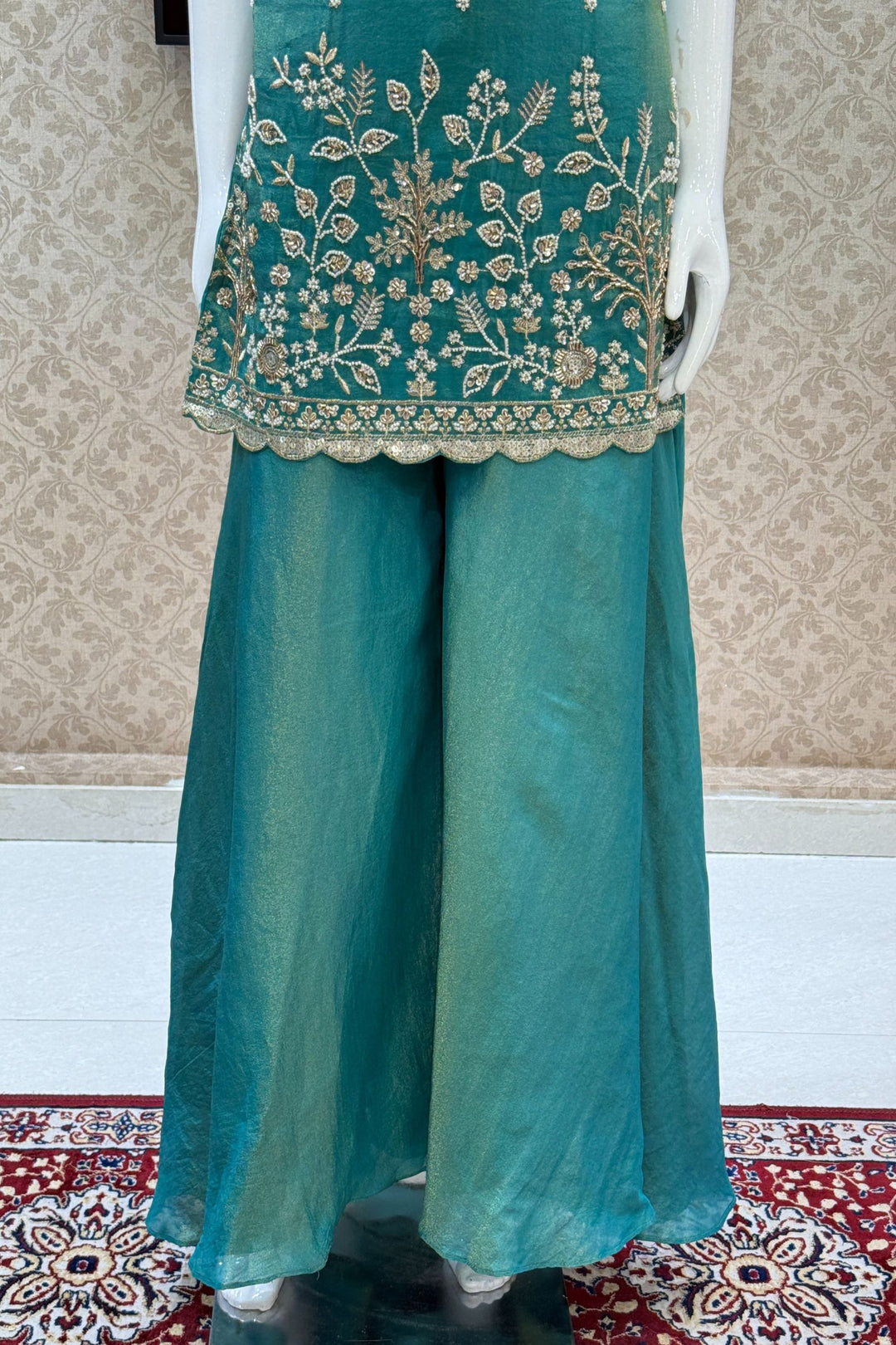 Rama Green Beads, Sequins and Zari work Palazzo Salwar Suit