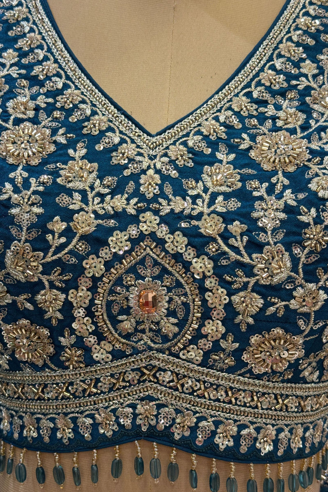 Designer Wedding Lehenga in Peacock Blue with Beads, Zari and Sequins Work