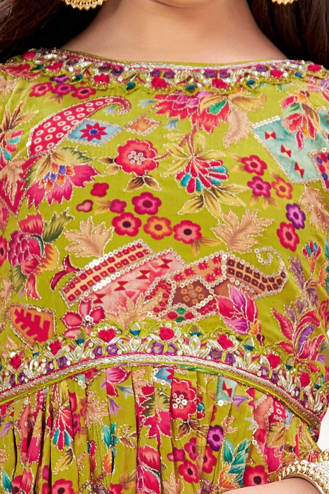 Mehendi Green Zari work with Multicolor Digital Print Peplum Styled Palazzo Set For Girls
