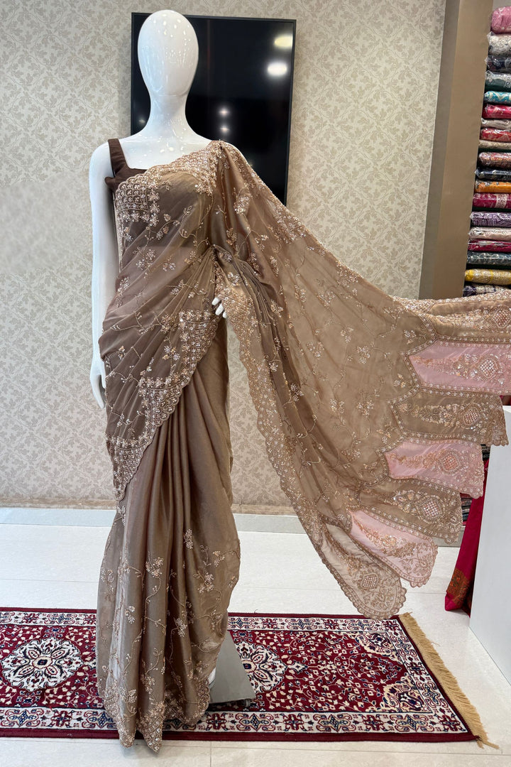 Dark Chiku Saree with Intricate Sequin &amp; Beaded Embroidery and Scalloped Border