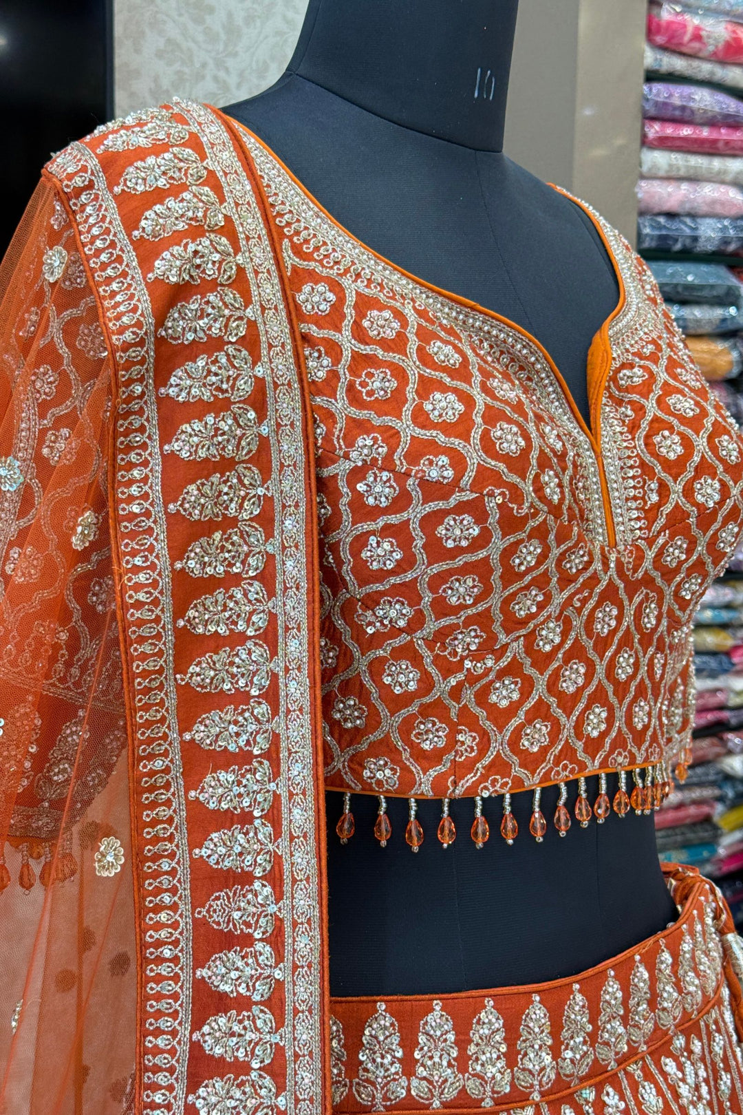 Rust Handworked Zardozi, Sequins, Pearl and Beads work Crop Top Designer Bridal Lehenga