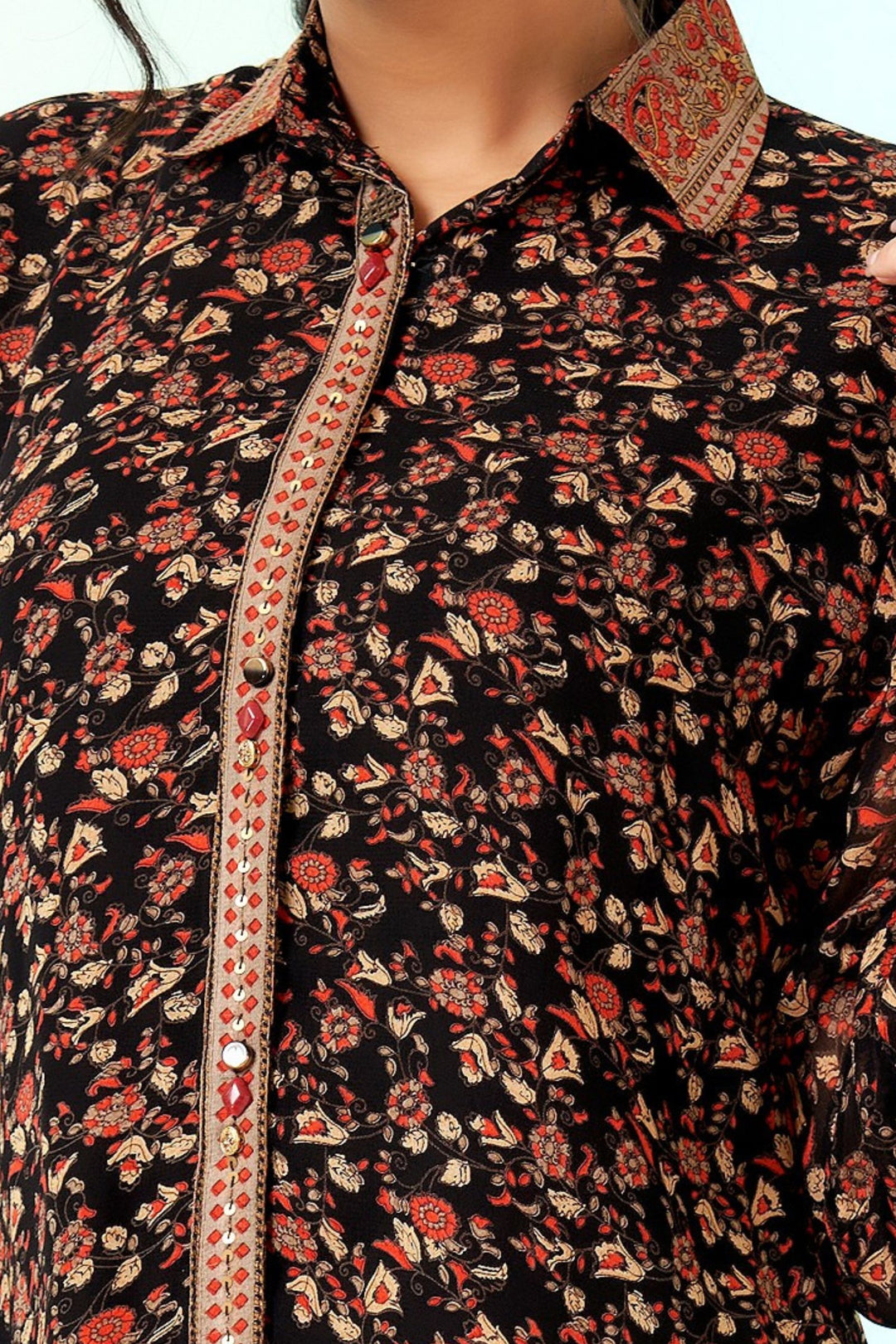 Black Beads, Sequins and Stone work with Digital Print Cord Set