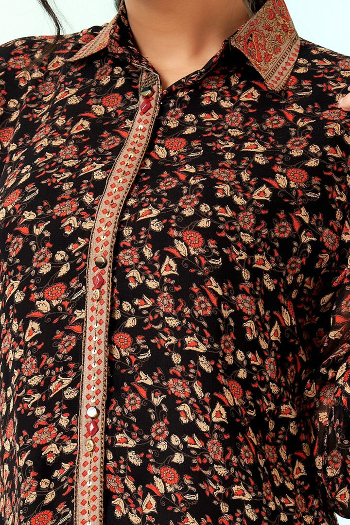 Black Beads, Sequins and Stone work with Digital Print Cord Set