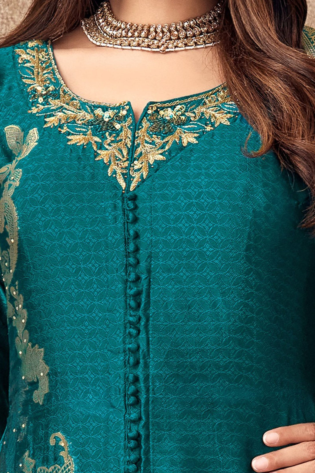 Rama Blue Banaras, Zardozi, Zari, Sequins, Stone and Jacquard work Palazzo Salwar Suit