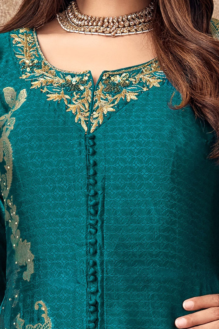 Rama Blue Banaras, Zardozi, Zari, Sequins, Stone and Jacquard work Palazzo Salwar Suit