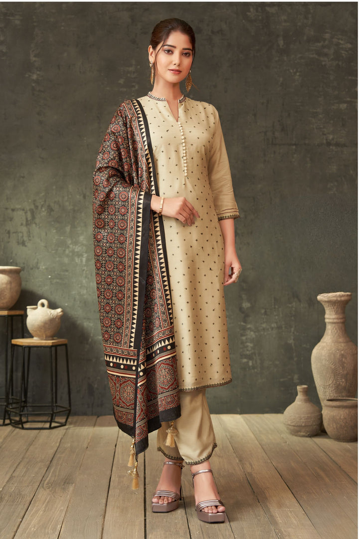 Beige Sequins and Thread work Straight Cut Salwar Suit with Kalamkari Print Dupatta