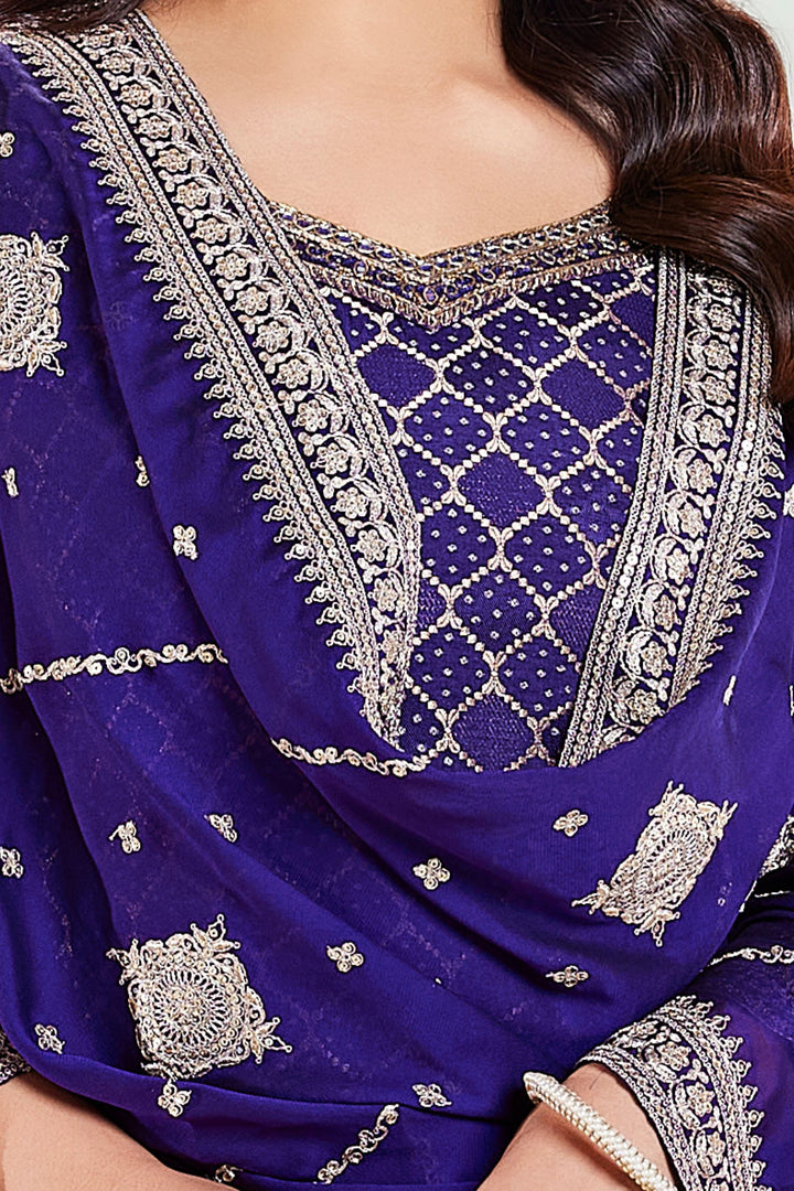 Purple Banaras, Zardozi, Mirror, Beads and Zari work Straight Cut Salwar Suit