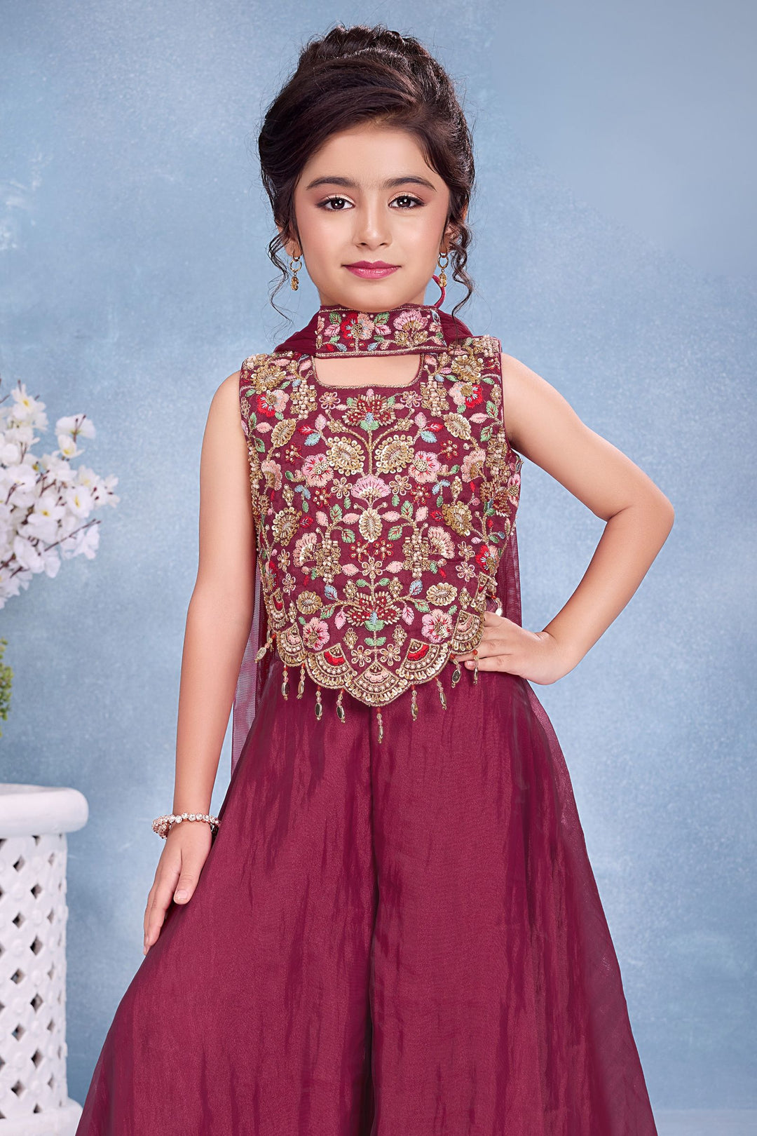 Magenta Beads and Embroidery work Palazzo Suit Set for Girls
