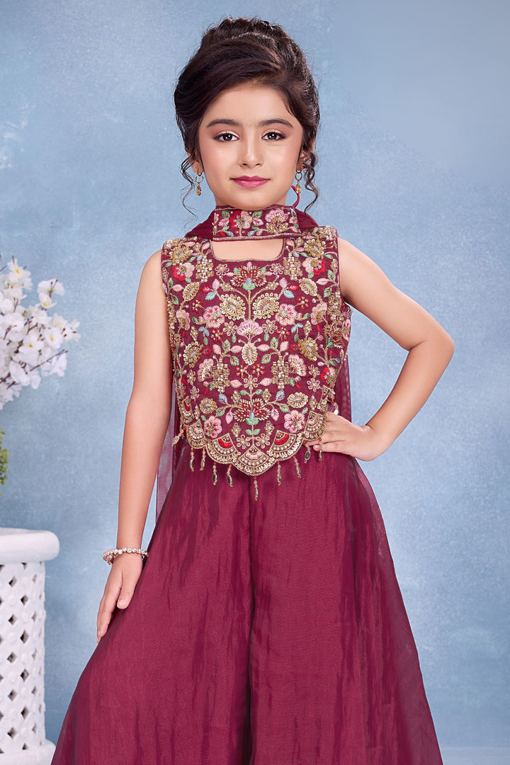 Magenta Beads and Embroidery work Palazzo Suit Set for Girls