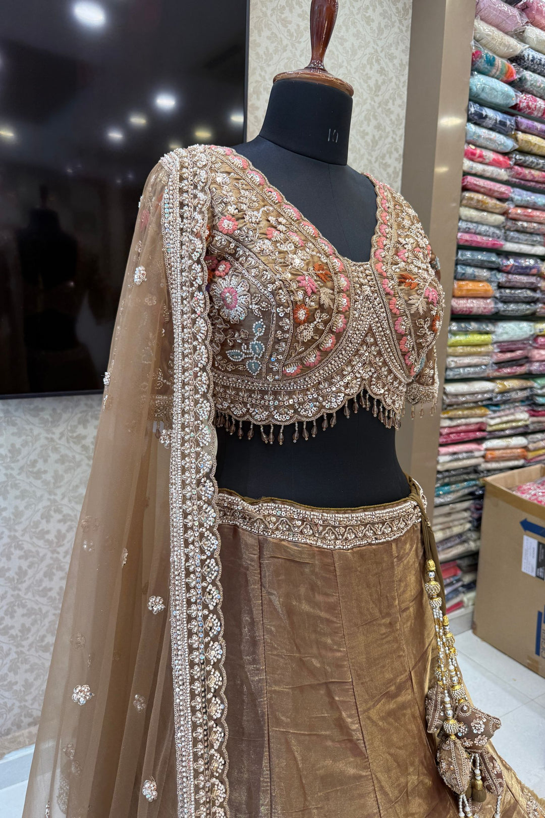 Bridal Organza Lehenga with Hand-Embroidered Birds and Floral Forest Motifs