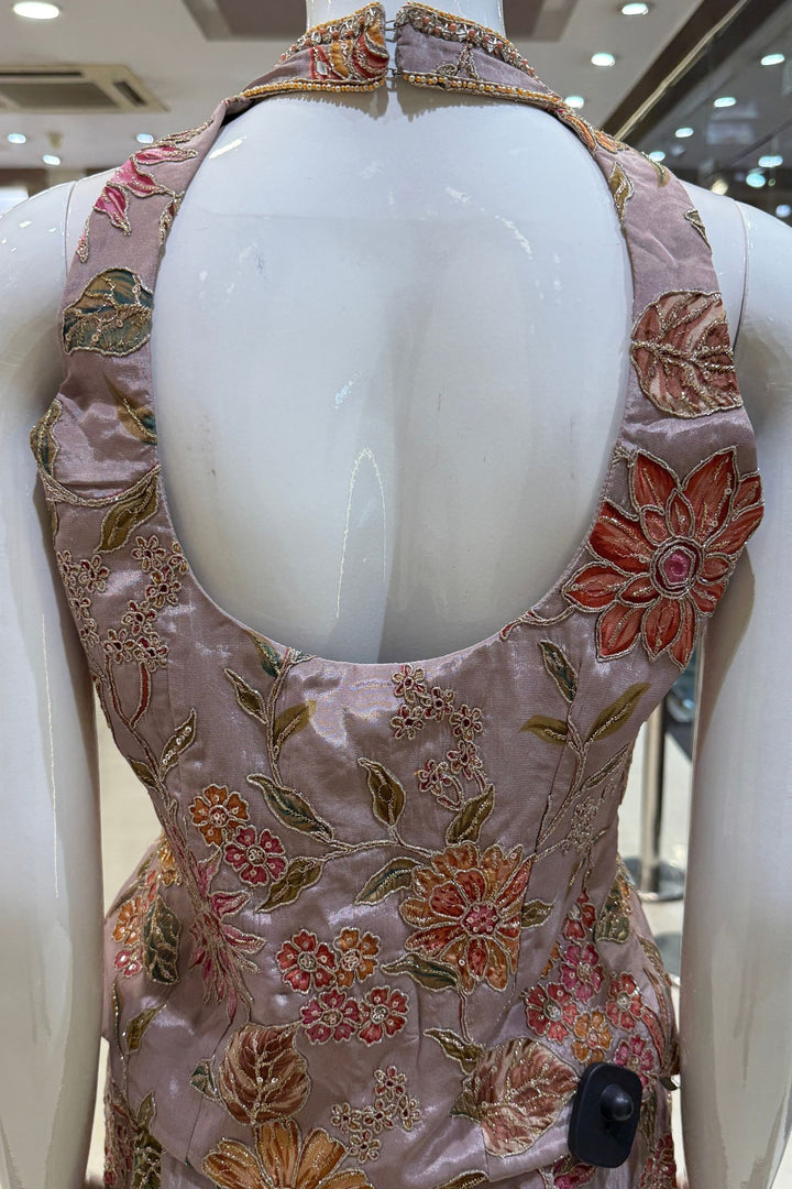 Lilac Halter Neck Palazzo Set with Zardozi, Zari, Beads, Sequins, Stone and Mirror Detailing