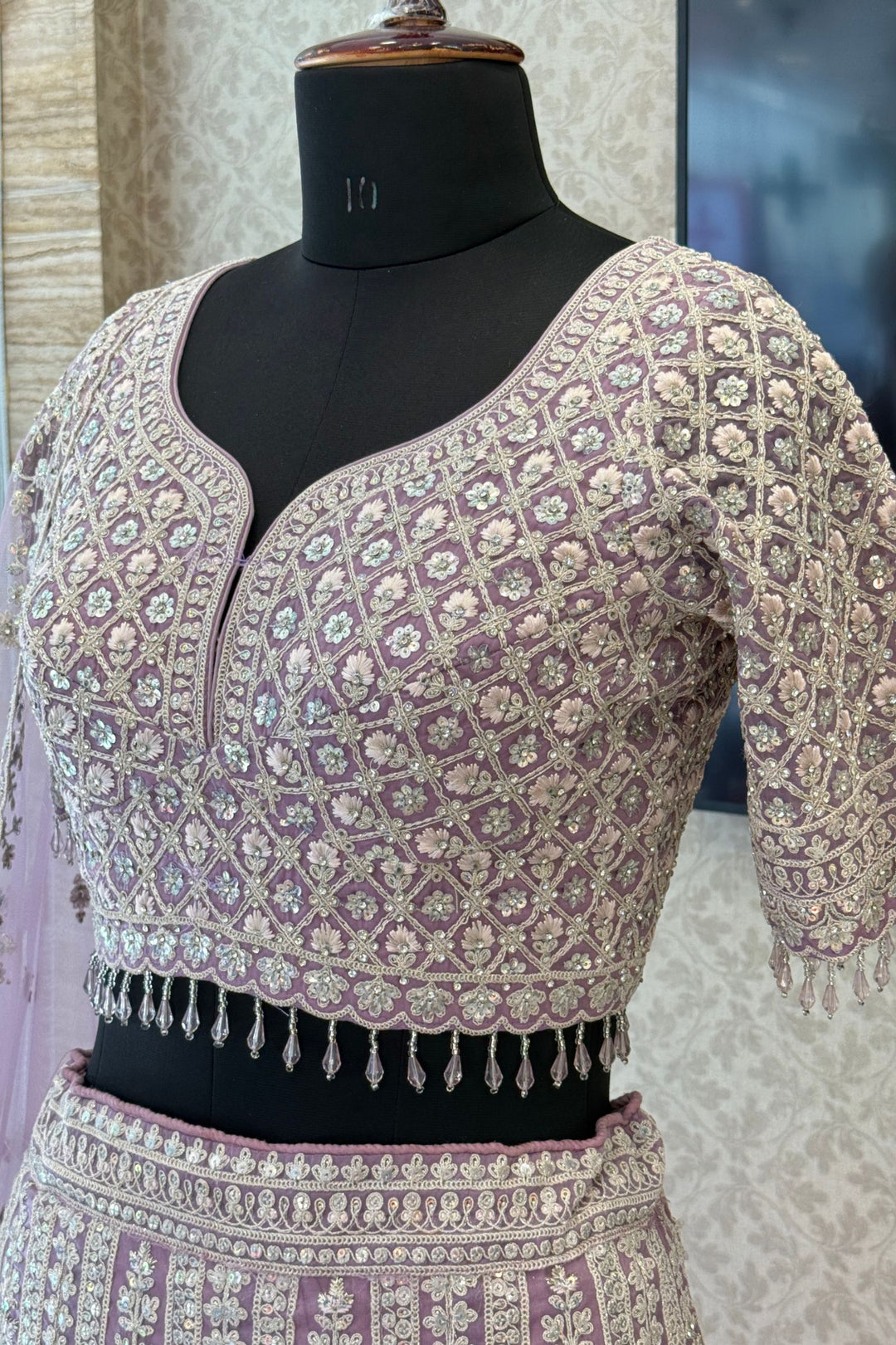 Lavender Wedding Lehenga with Intricate Zardozi, Sequins, Beads and Floral Embroidery