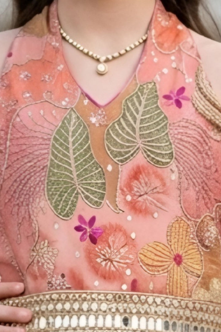 Peach Zari, Mirror and Sequins work with Floral Print Long Jumpsuit for Girls