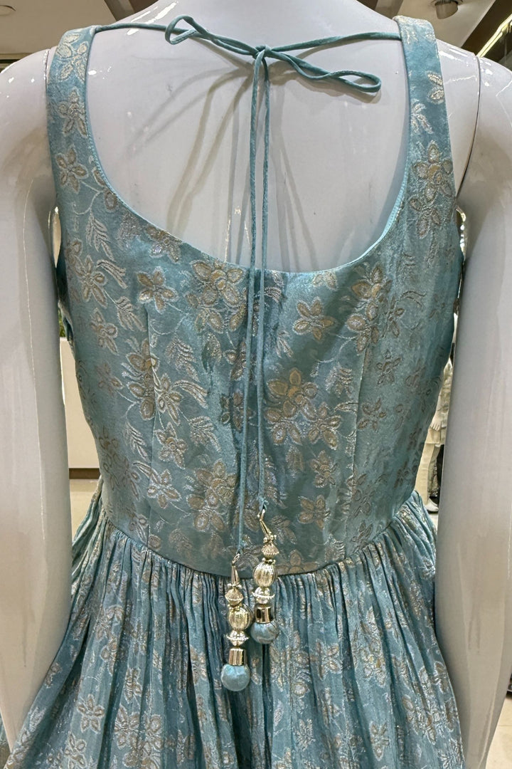 Sky Blue Banaras, Stone, Sequins, Beads and Zardozi work Peplum Top with Palazzo Suit Set