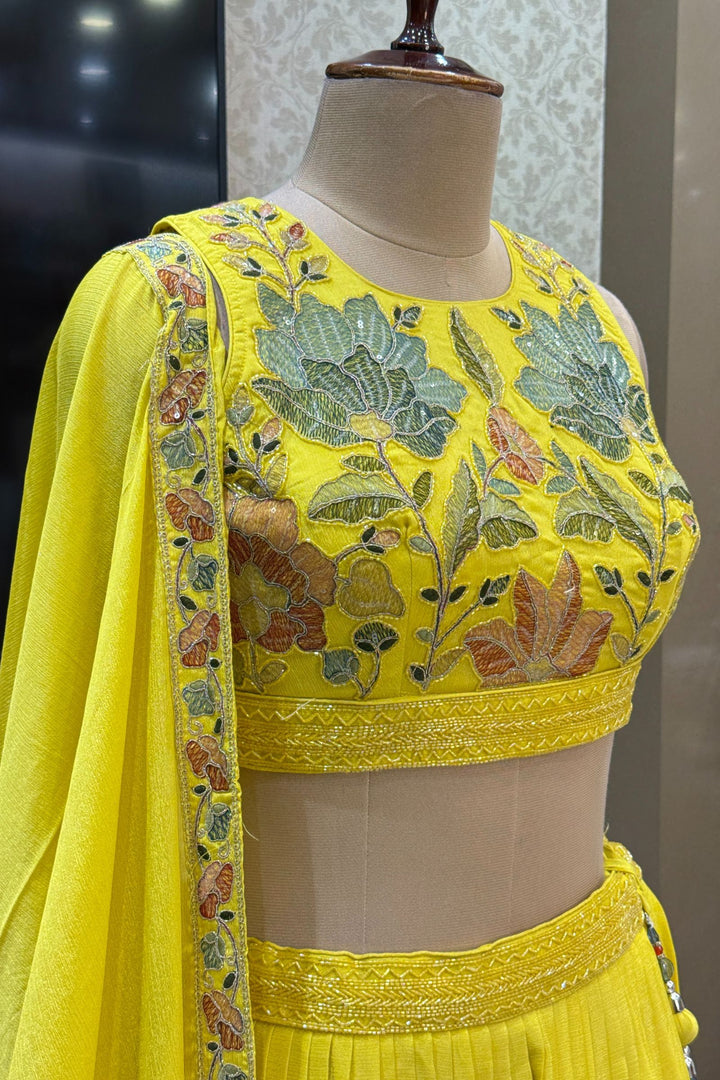 Yellow Multicolor Thread, Beads, Zari Thread and Sequins work Crop Top Lehenga