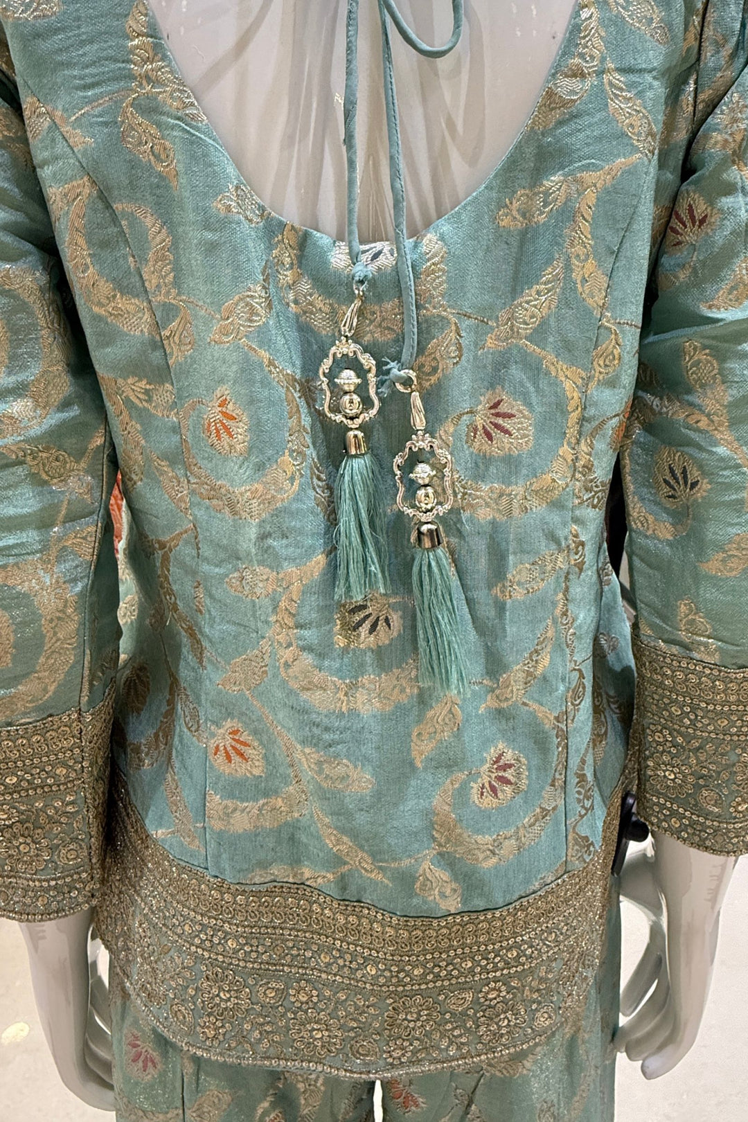Sea Green Palazzo Set with Beads, Sequins and Zari work with Choker Dupatta