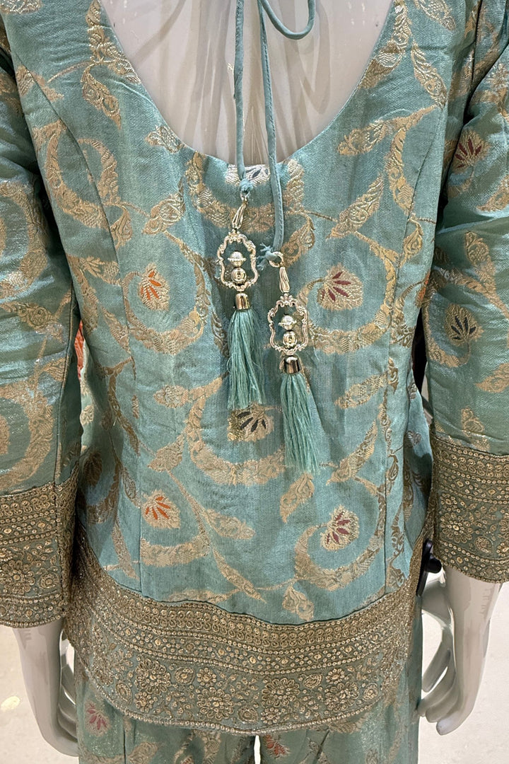 Sea Green Palazzo Set with Beads, Sequins and Zari work with Choker Dupatta