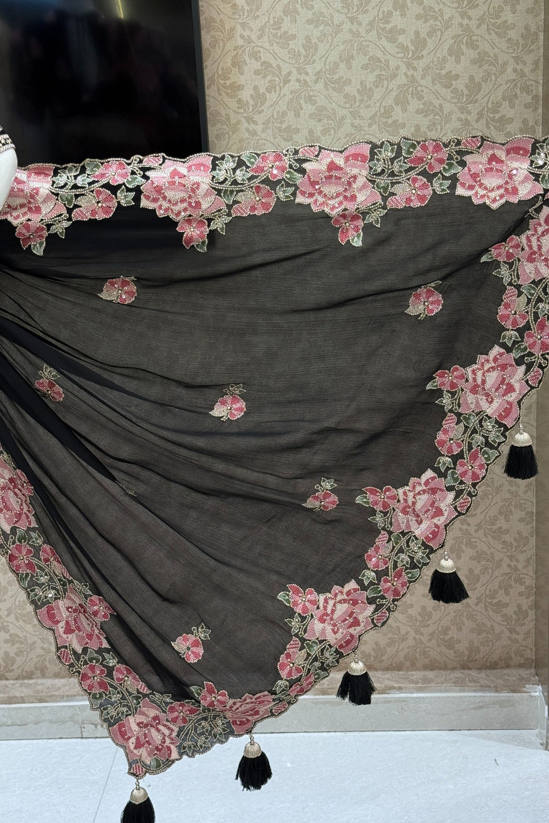 Black Embroidery, Sequins, Pearl and Zari work Saree