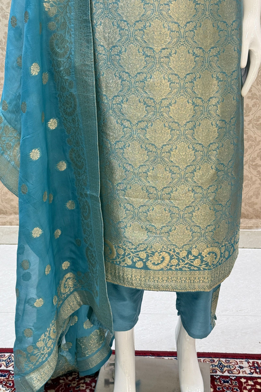 Sea Blue Beads, Mirror, Stone, Banaras and Brocade work Straight Cut Salwar Suit