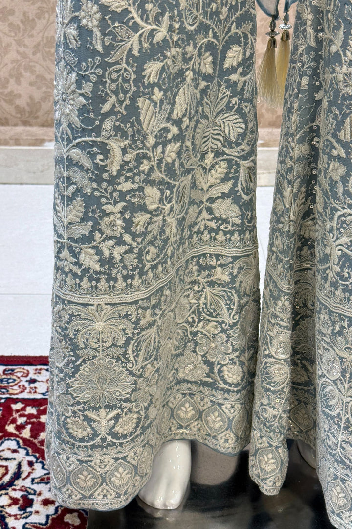 Firozi Blue Chikankari, Sequins and Zari work Palazzo Suit Set