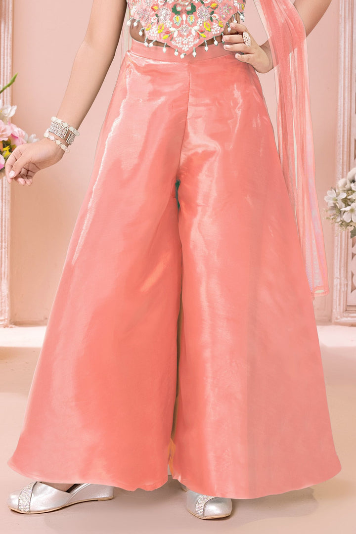 Peach Sequins, Beads and Multicolor Embroidery work Palazzo Suit Set for Girls