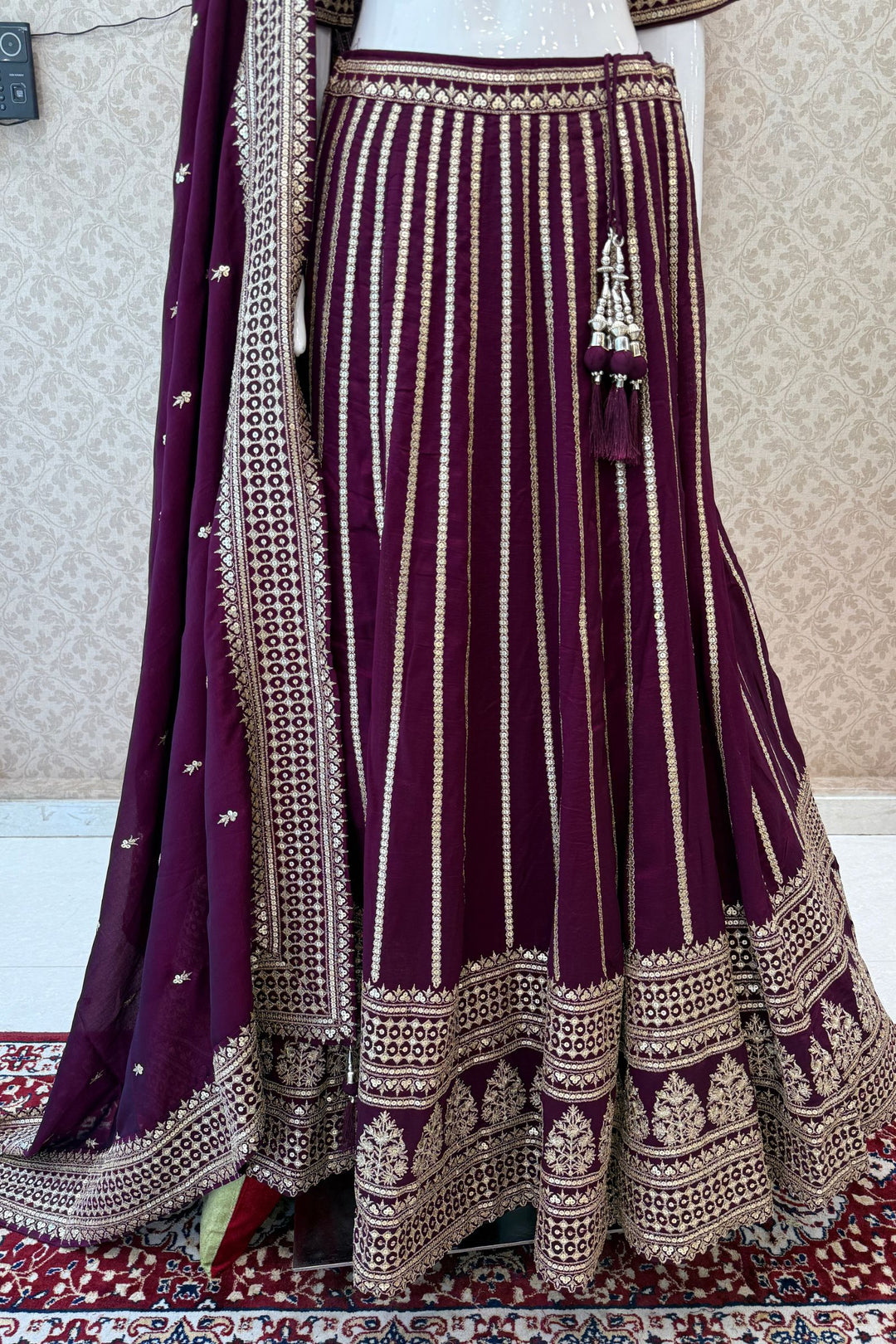 Wine Sequins and Zari work Crop Top Lehenga