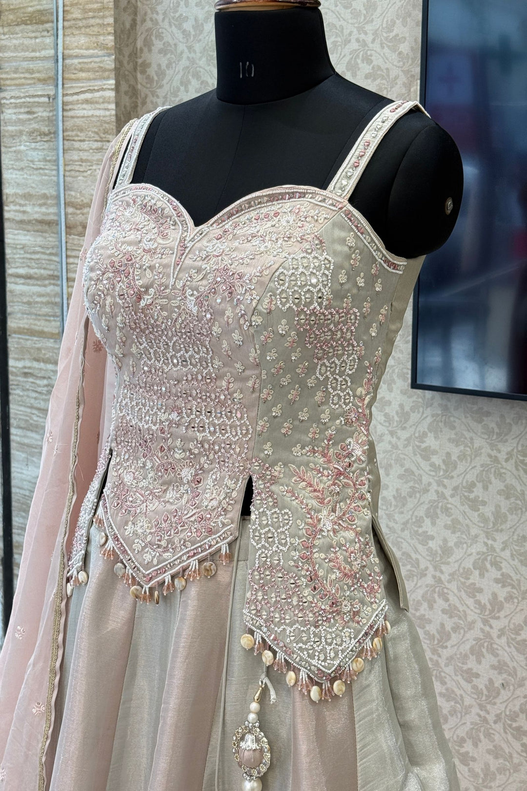 Grey with Peach Beads, Mirror, Stone, Sequins and Thread work Peplum Style Lehenga