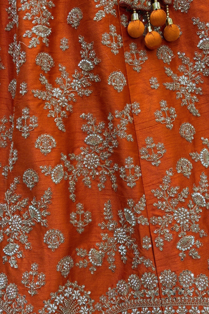 Orange Beads, Zari, Zardozi and Sequins work Crop Top Designer Bridal Lehenga with Belt