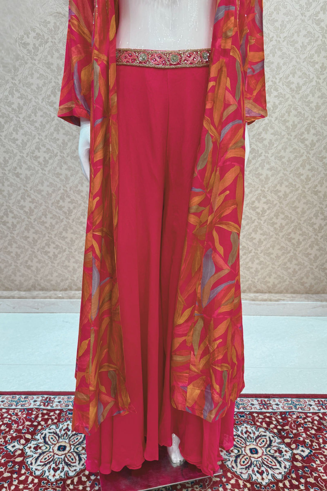 Rani Pink with Multicolor Digital Print Overcoat Styled Palazzo Suit Set