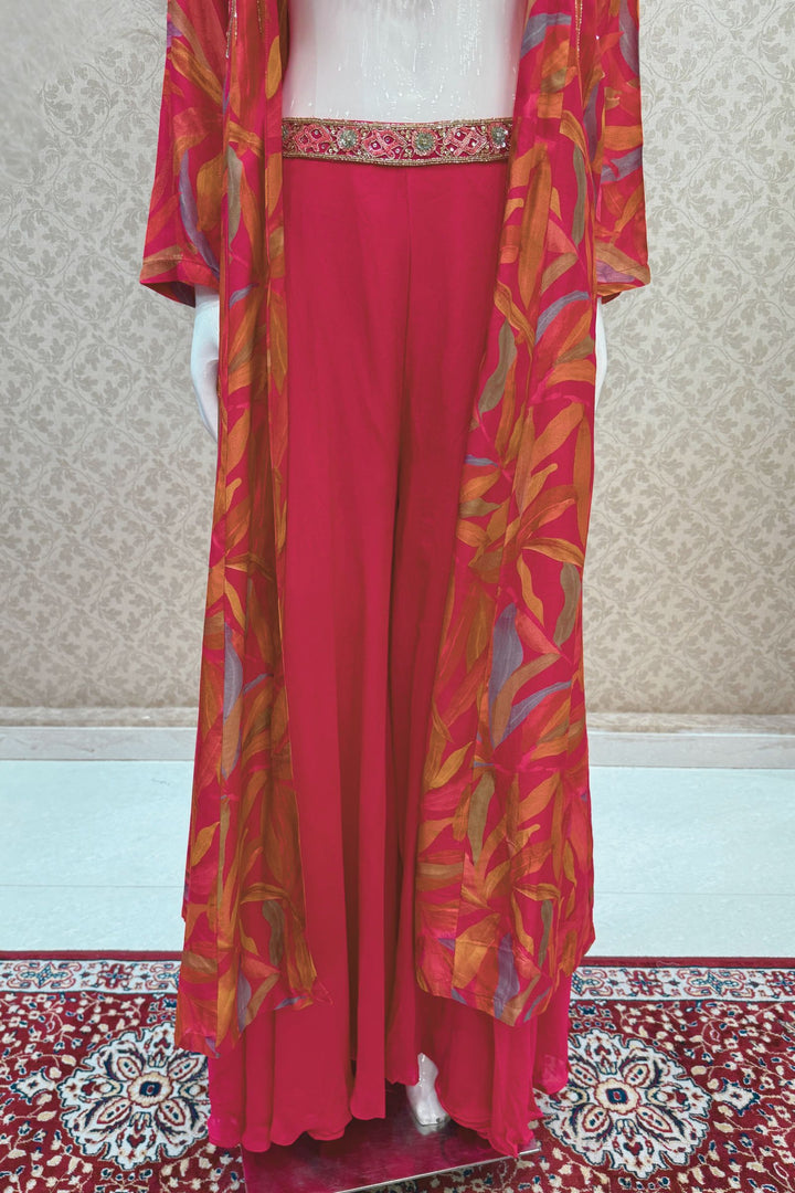 Rani Pink with Multicolor Digital Print Overcoat Styled Palazzo Suit Set