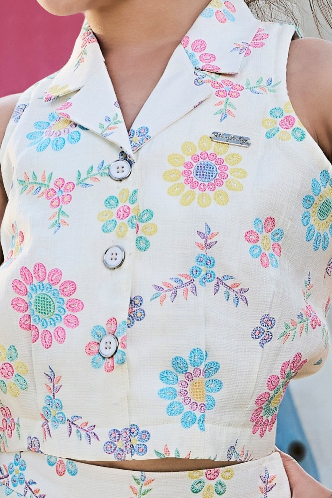 Half White Multicolor Digital Print Top and Divider Skirt for Girls