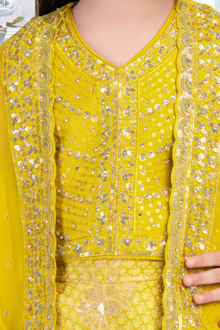 Lemon Yellow Thread, Sequins and Zari work Overcoat Styled Printed Palazzo Set For Girls