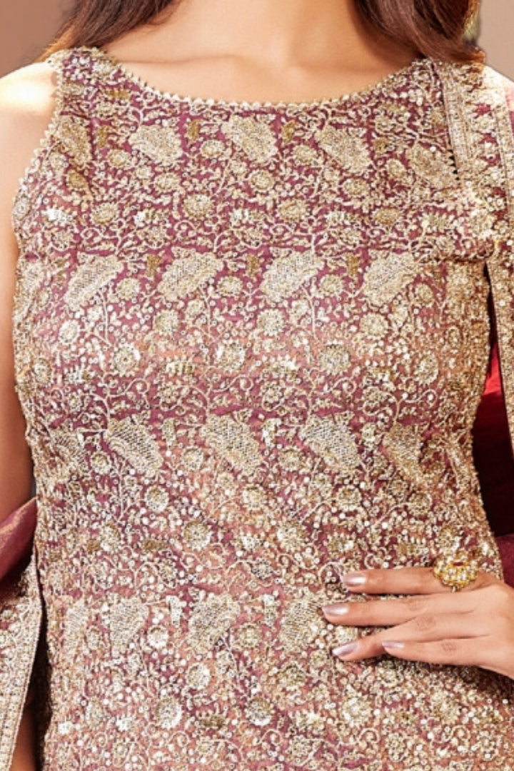Onion Pink Sequins, Zari and Banaras work Sharara Salwar Suit