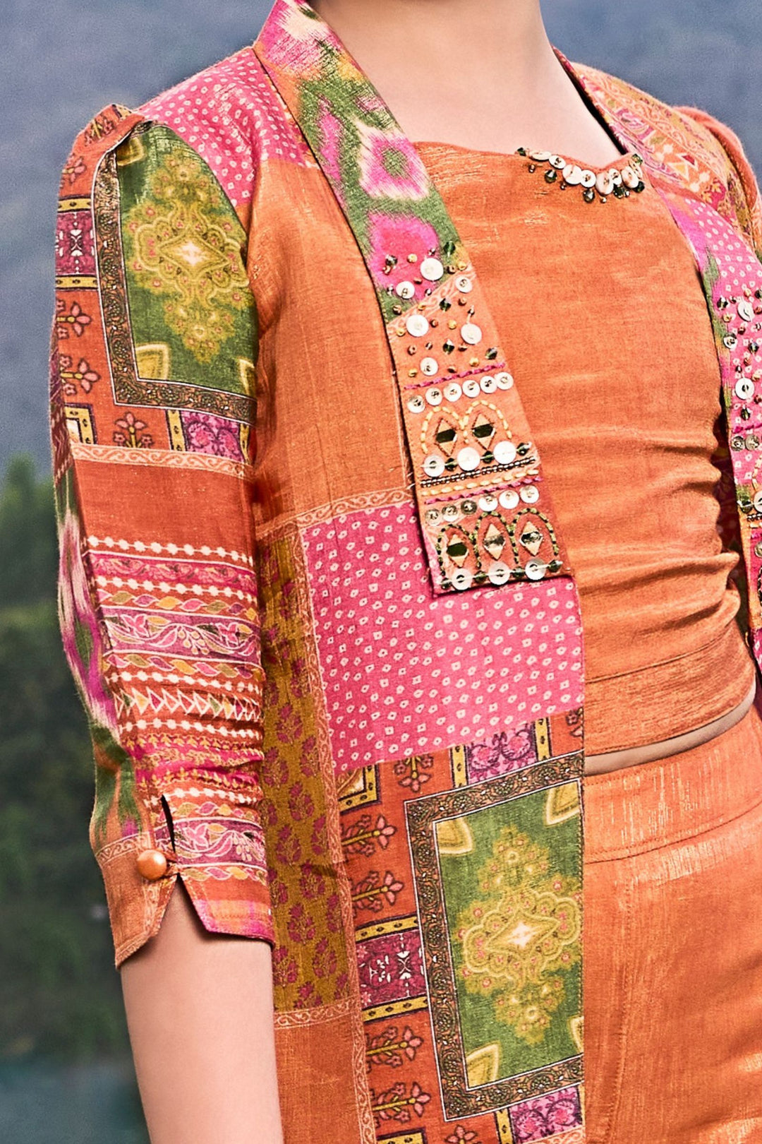 Rust with Multicolor Digital Print Jacket Styled Palazzo Set for Girls