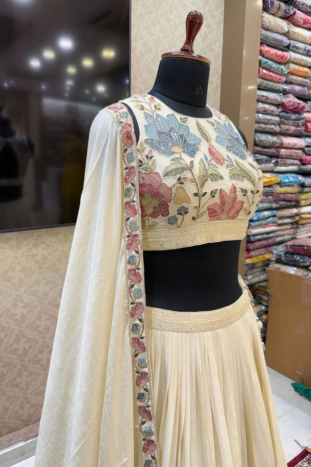 Cream Multicolor Thread, Beads, Zari Thread and Sequins work Crop Top Lehenga