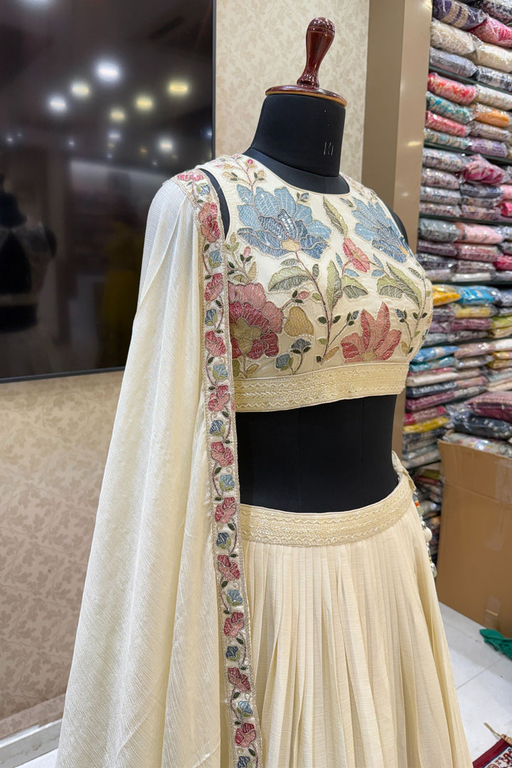 Cream Multicolor Thread, Beads, Zari Thread and Sequins work Crop Top Lehenga