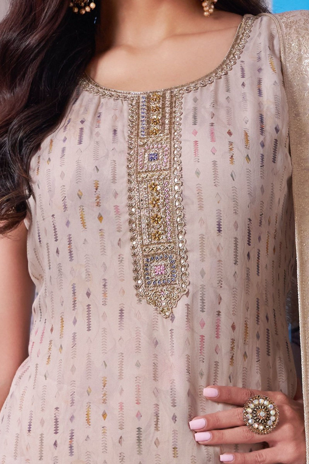 Beige Sequins, Beads and Zardozi work Straight Cut Salwar Suit