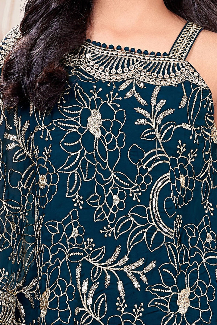 Teal Blue Sequins and Zari work Palazzo Suit Set for Girls