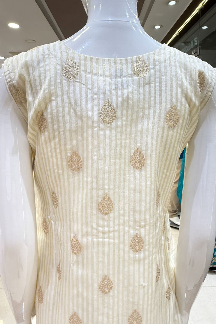 Cream Beads, Thread and Banaras work Straight Cut Salwar Suit with Bandini Print Dupatta