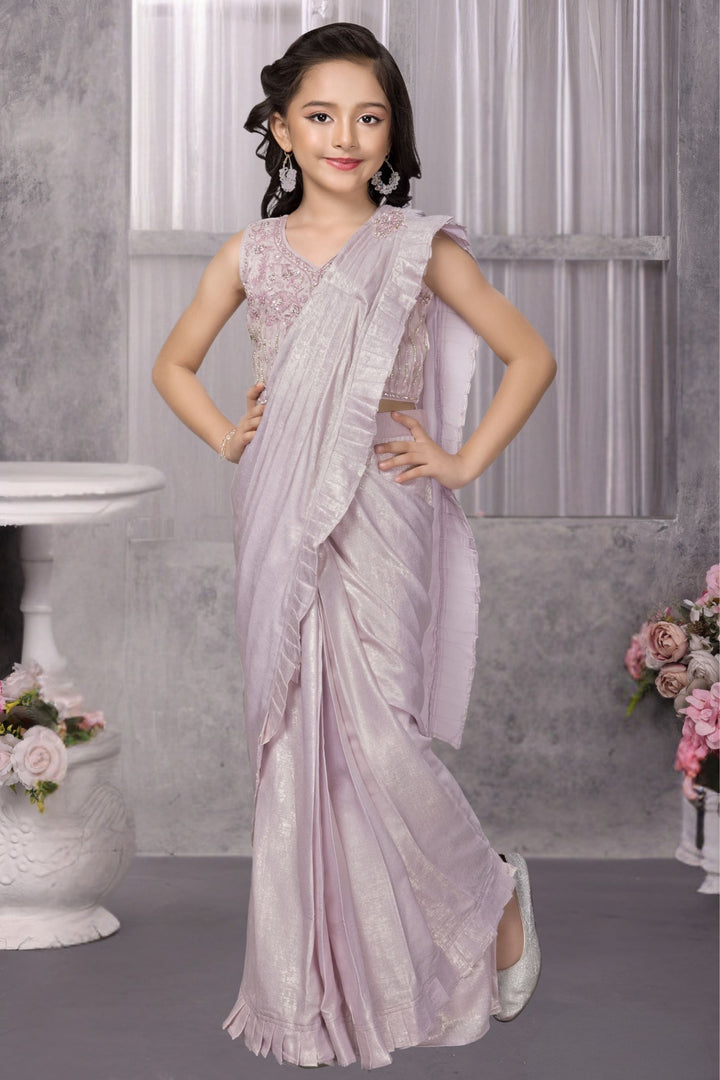 Light Lavender Beads, Sequins and Stone work Indo-Western saree for Kids