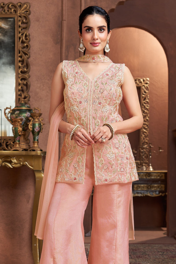Pink Palazzo Salwar Suit with Embroidery, Beads and Sequins Detailing