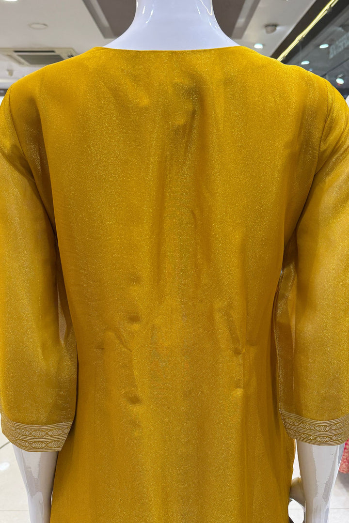 Yellow Beads, Mirror, Sequins, Jacquard and Stone work Straight Cut Salwar Suit