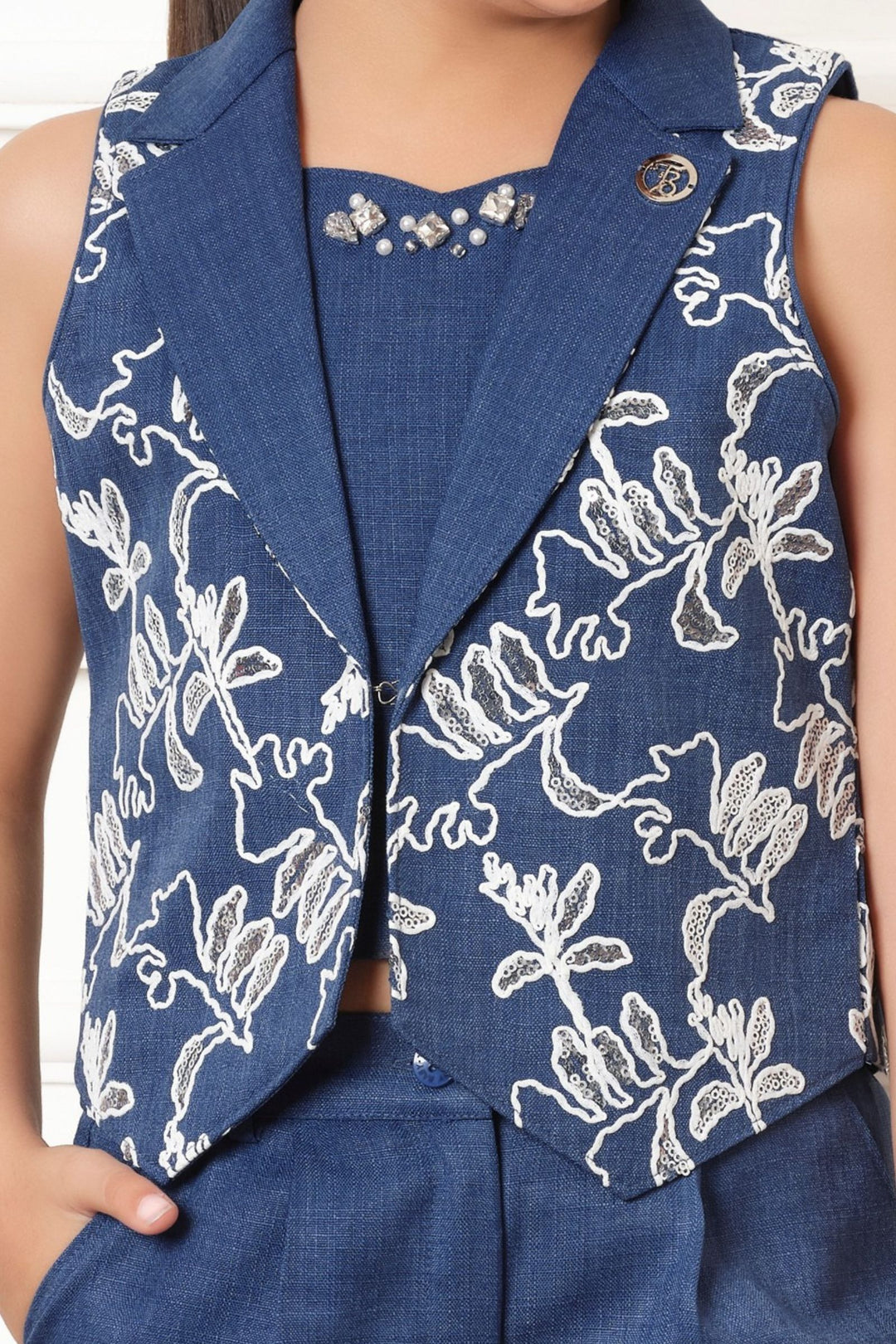 Dark Blue Thread and Sequins work Overcoat Styled Co-ord Set for Girls