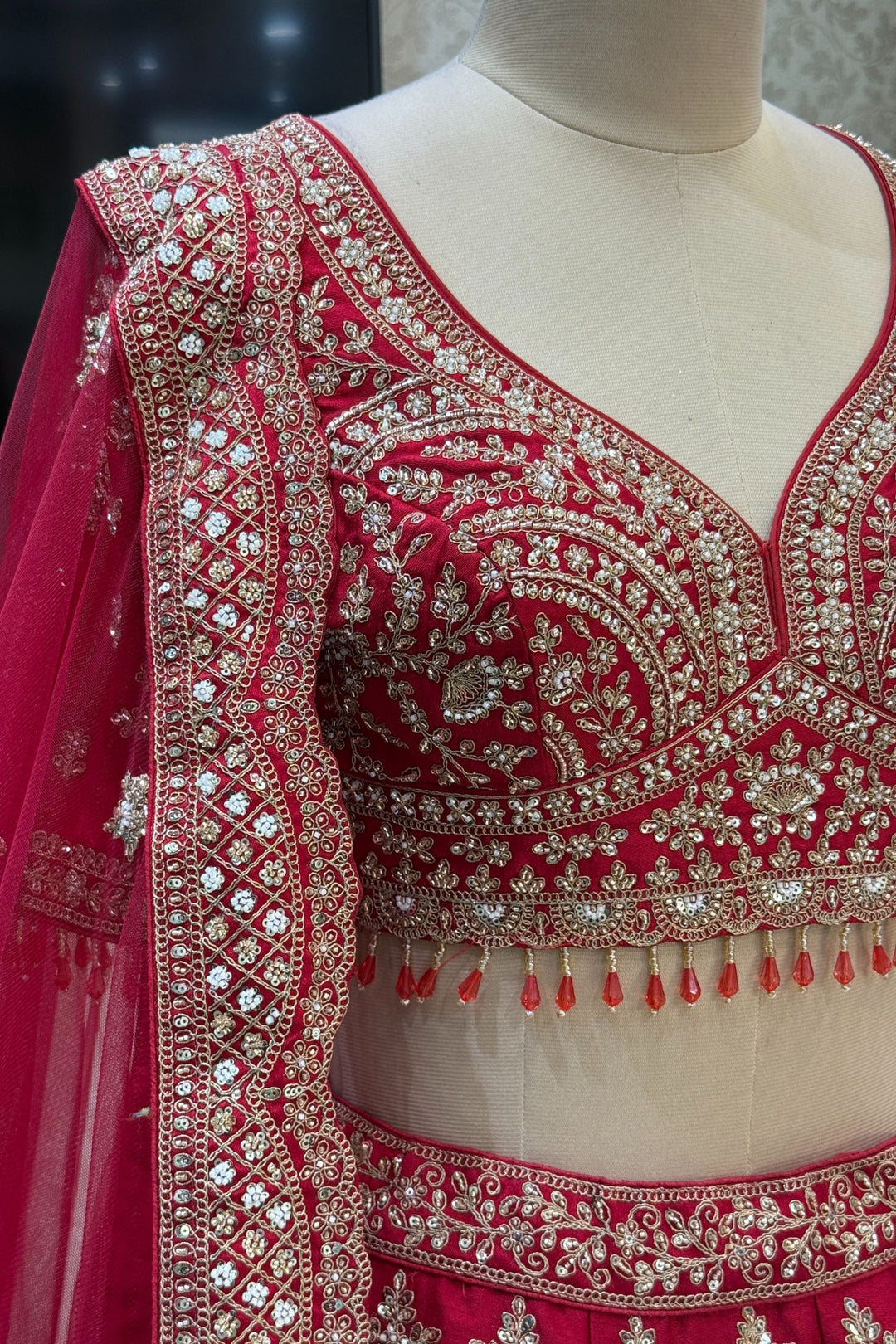 Maroon Beads, Zari, Zardozi and Sequins work Crop Top Designer Bridal Lehenga with Belt