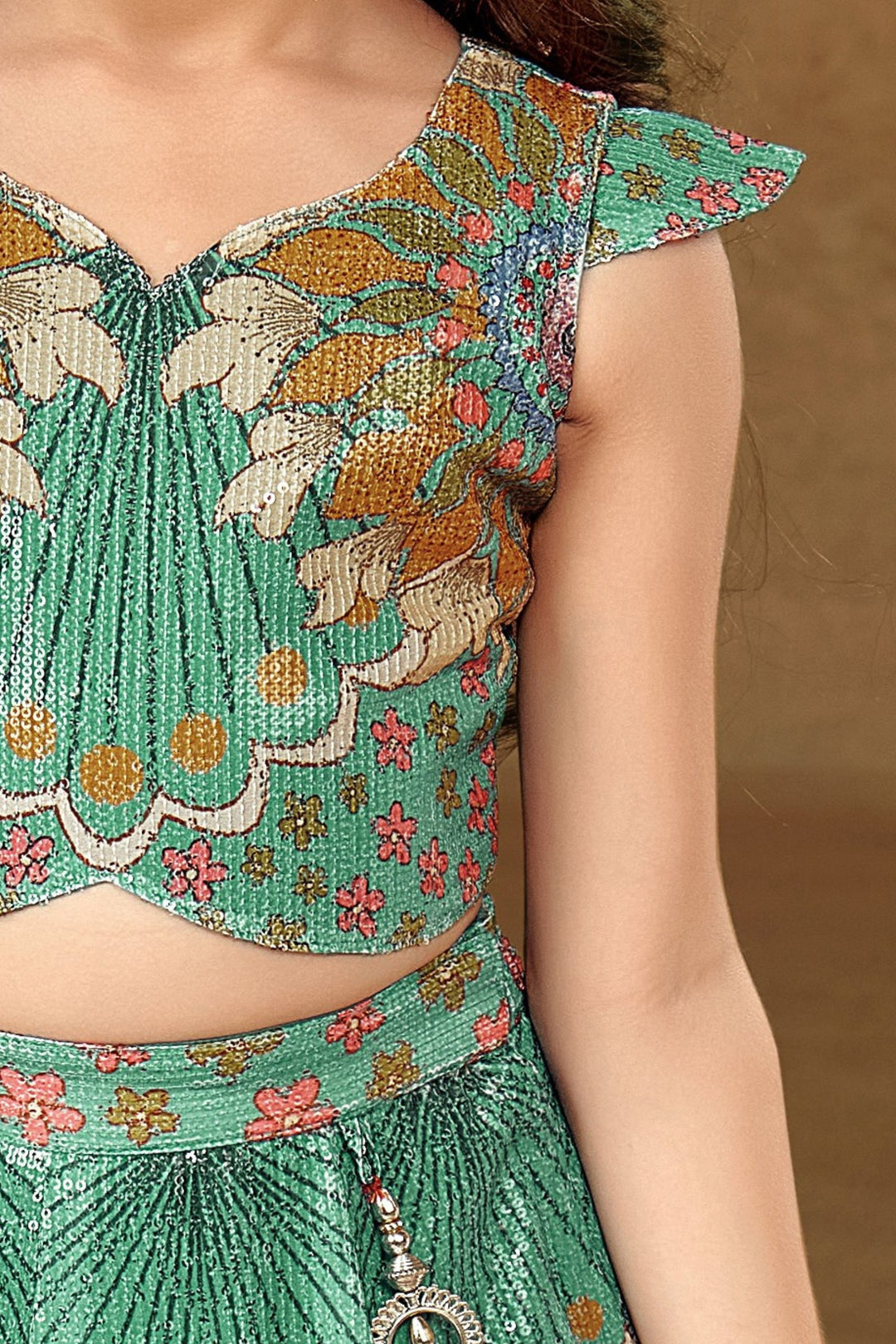 Rama Blue Digital Print, Sequins and Thread work Lehenga Choli for Girls