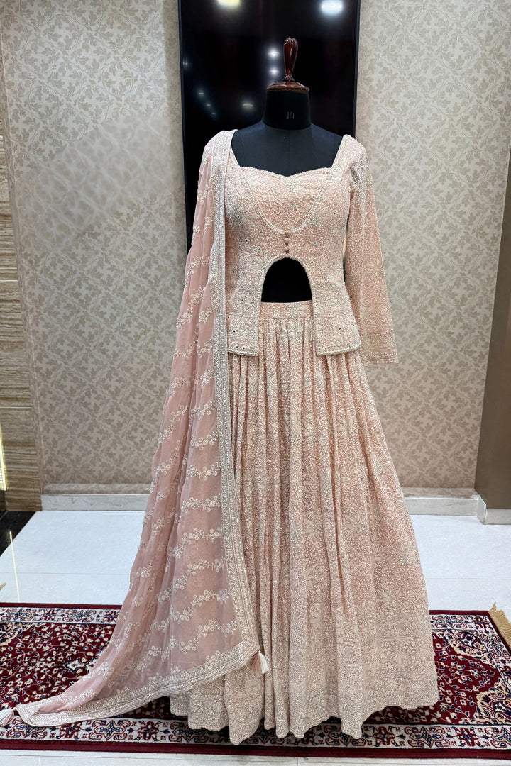 Peach Lucknowi, Sequins, Mirror, Beads and Zari work Crop Top Lehenga