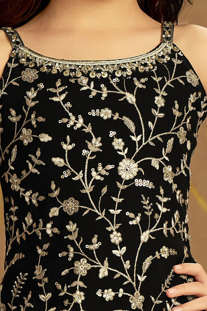Black Sequins, Zari, Mirror, Stone and Beads work Sharara Suit Set for Girls
