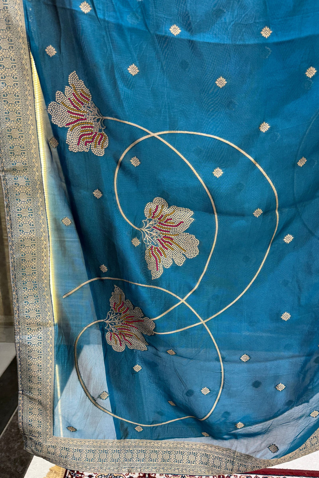 Peacock Blue Banaras, Beads and Sequins work Straight Cut Salwar Suit