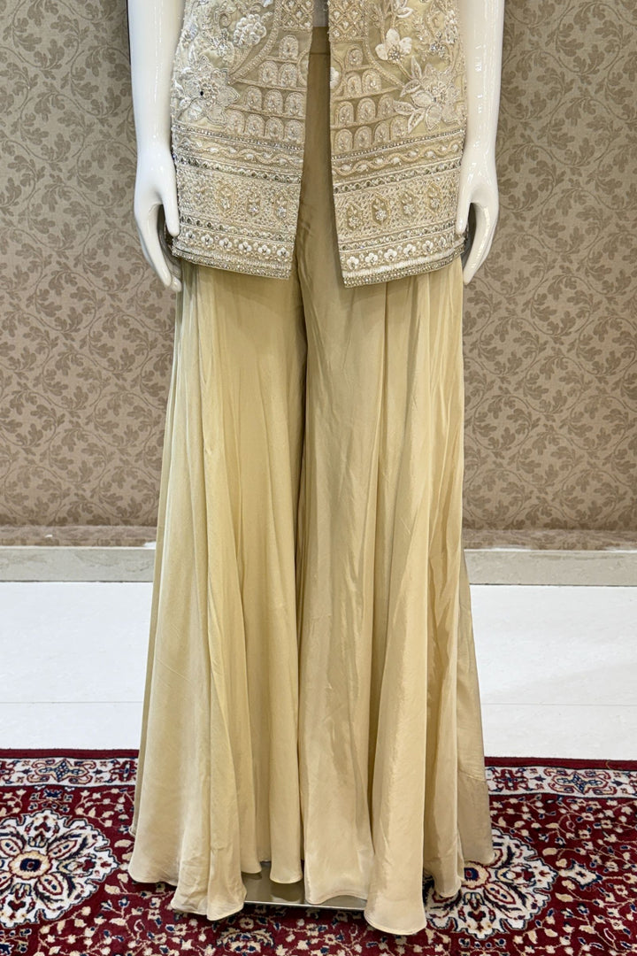 Cream Stone, Zari, Thread, Sequins and Beads work Salwar with Palazzo Pant